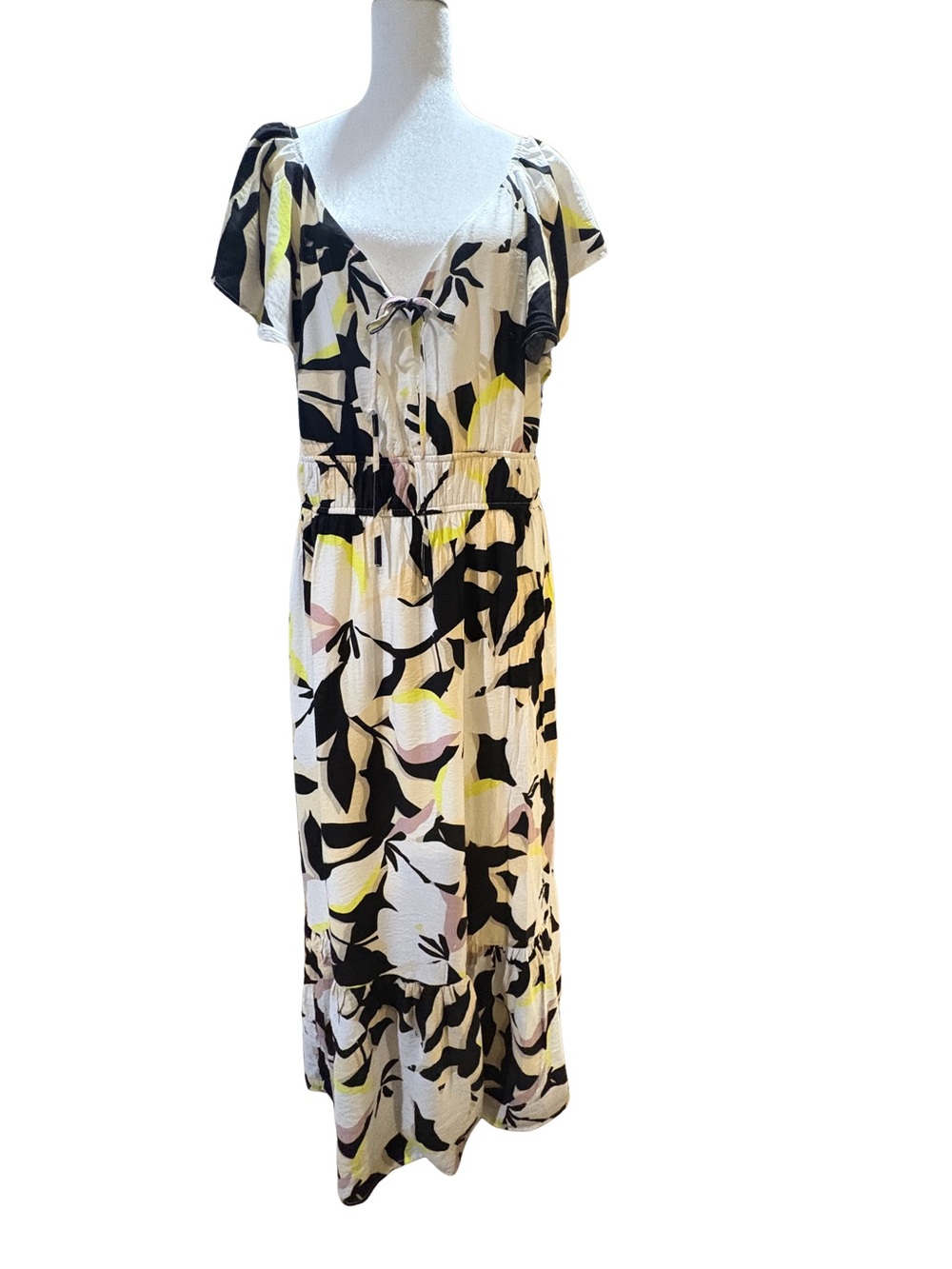 Maxi Dress Flutter Sleeve Smocked Nine West XXL Abstract Botanical Print